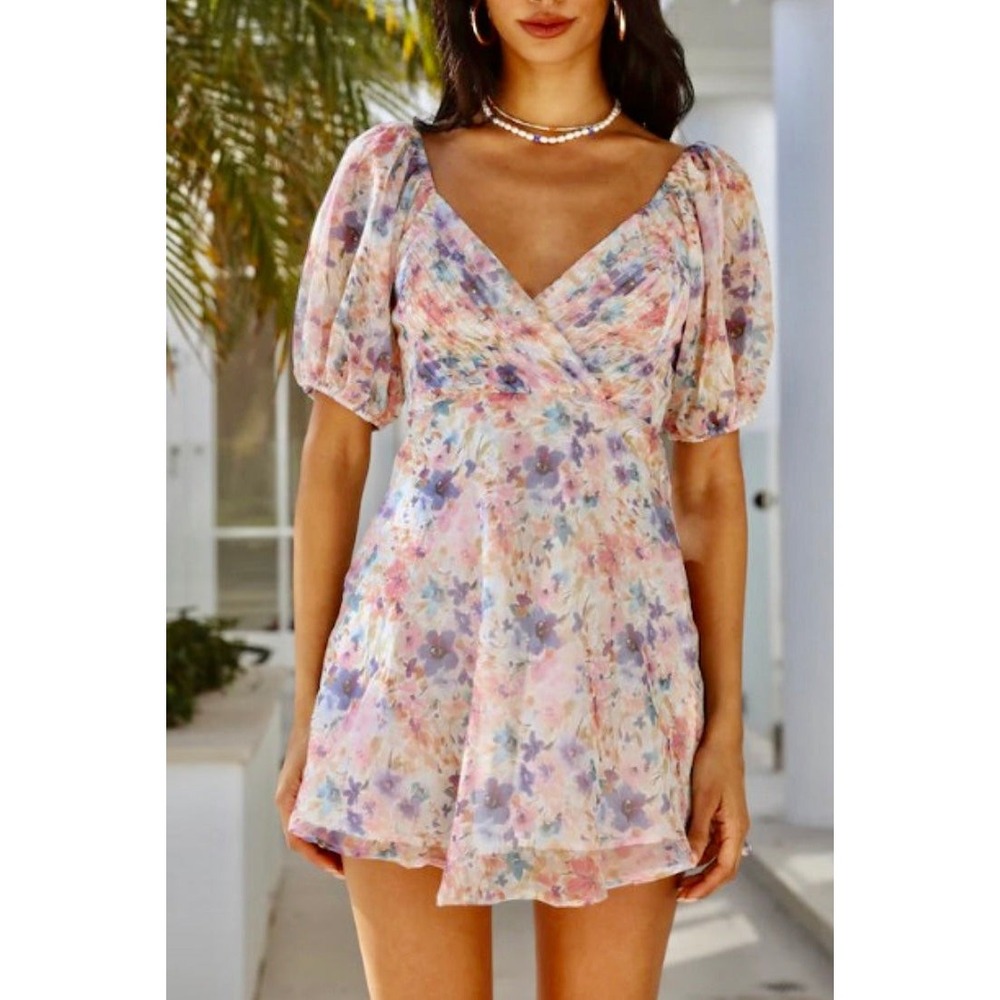 Shopmoda Watercolor Floral Chiffon Puff Sleeve Mini Dress‎ Purple Pink XS